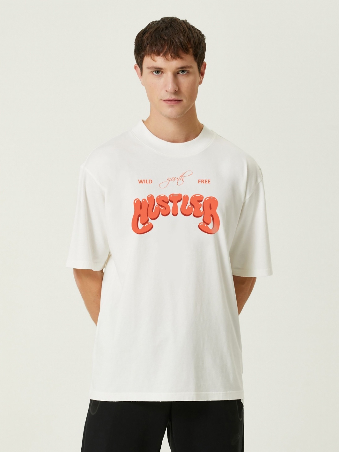 

MISCHIEF MONKEY Men Typography Printed Round Neck Cotton Oversized T-Shirt, White