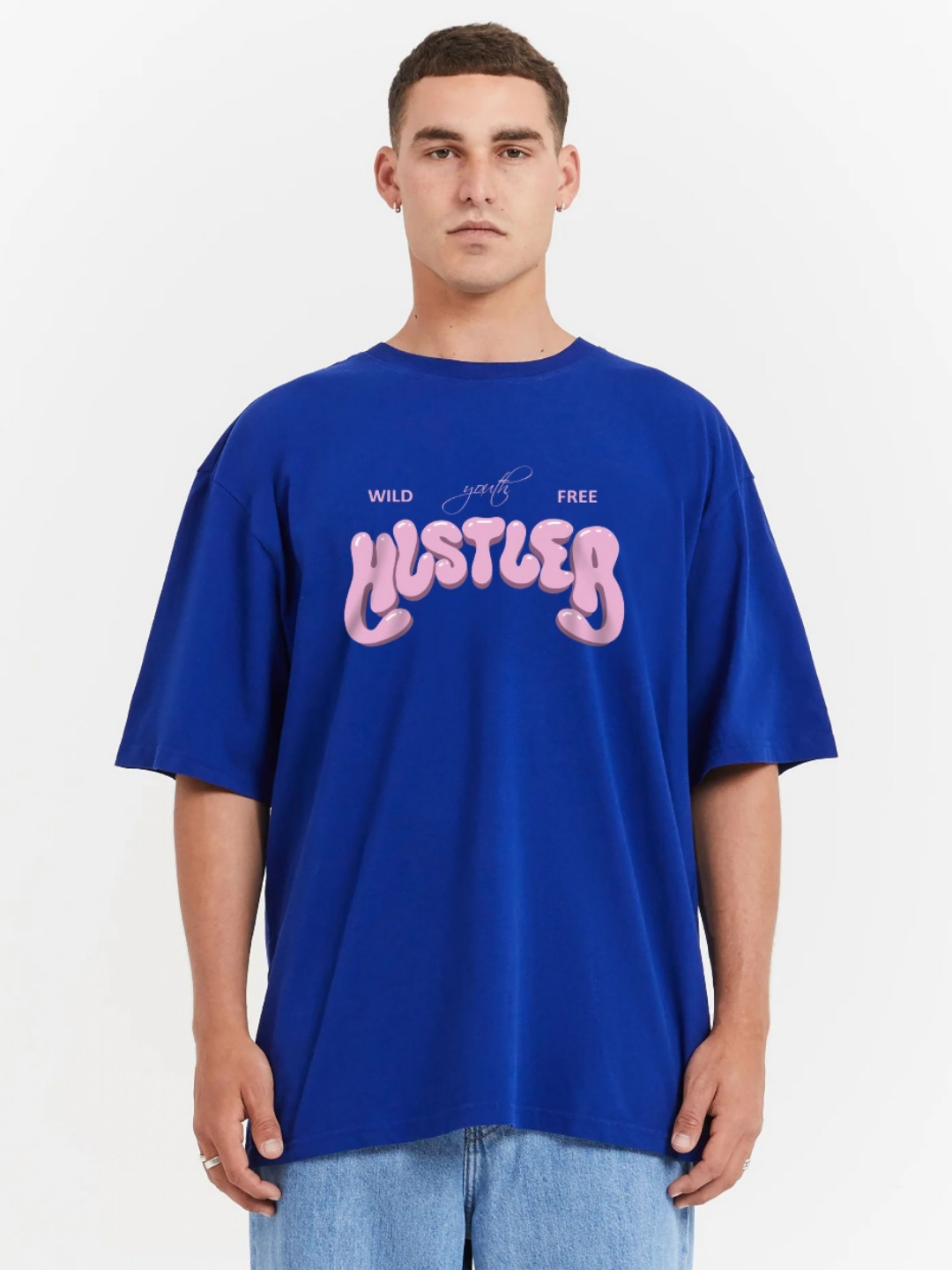 

MISCHIEF MONKEY Men Typography Printed Round Neck Cotton Oversized T-Shirt, Blue