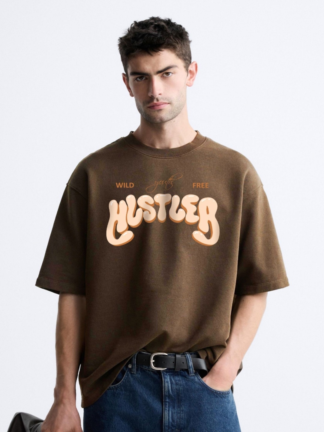 

MISCHIEF MONKEY Men Typography Printed Round Neck Cotton Oversized T-Shirt, Khaki