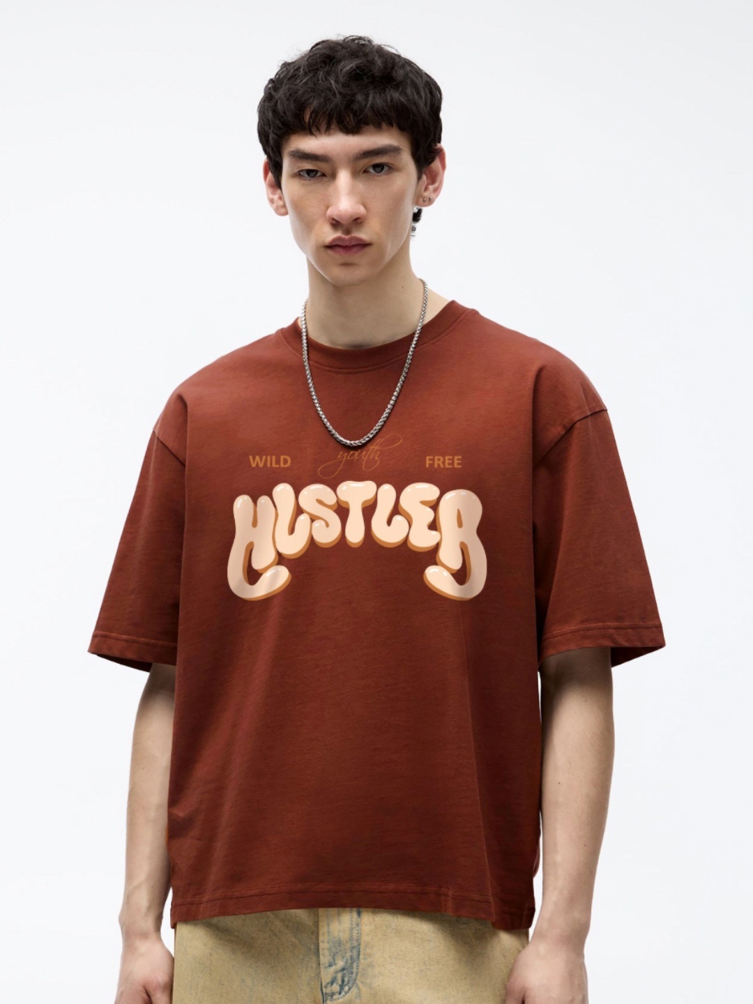 

MISCHIEF MONKEY Men Typography Printed Round Neck Cotton Oversized T-Shirt, Brown