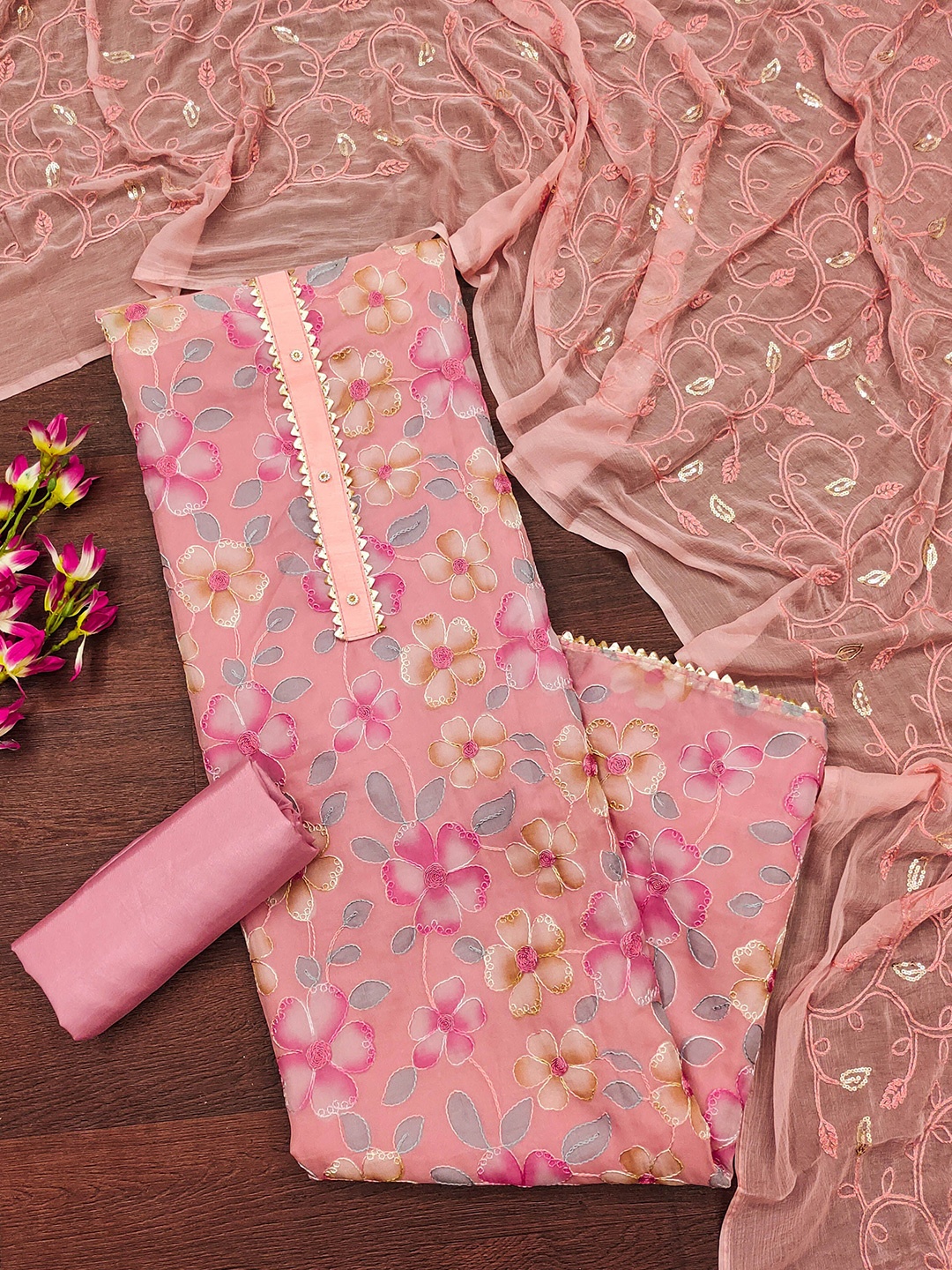 

KALINI Embroidered Organza Unstitched Dress Material, Peach