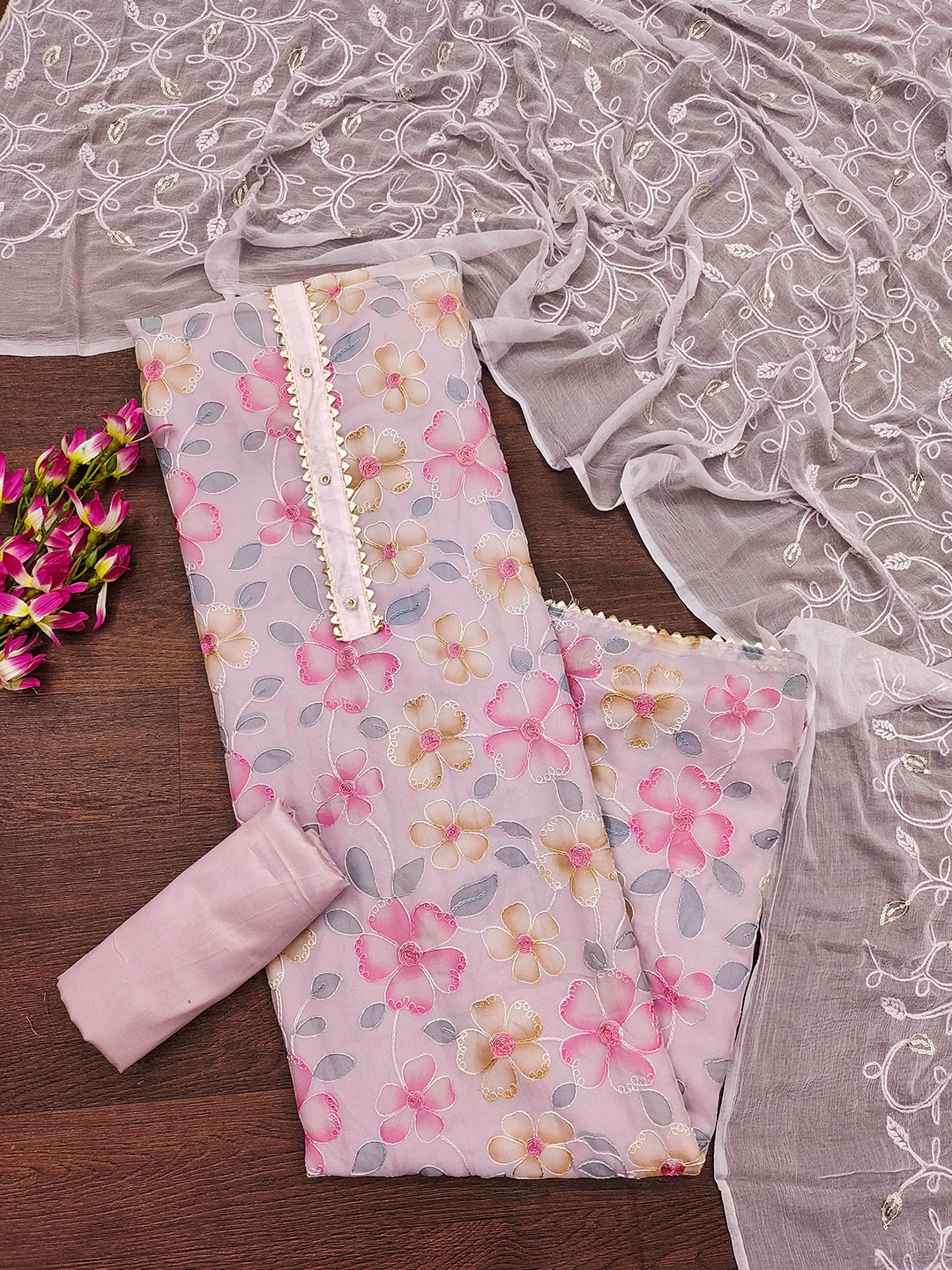 

KALINI Embroidered Organza Unstitched Dress Material, Lavender