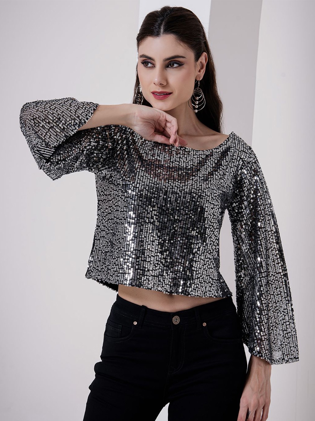 

urSense Animal Print Flared Sleeve Georgette Styled Back Top, Black