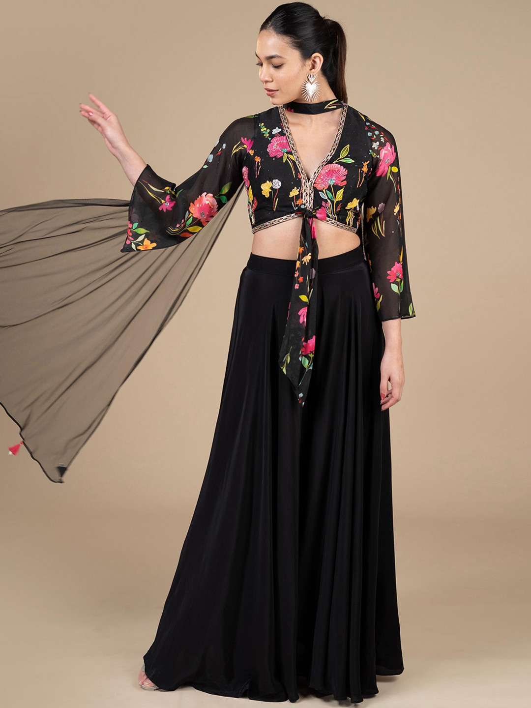 

House Of Dharaa Floral Printed V-Neck Top Kurta with Palazzos & Dupatta, Black