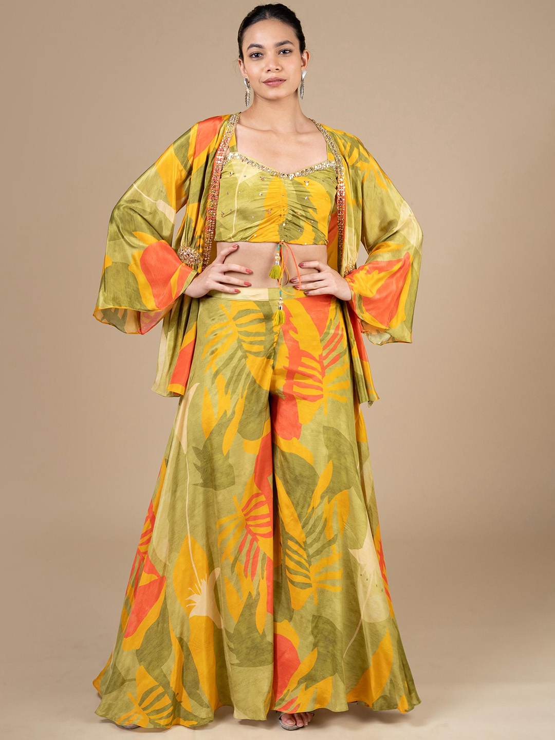 

House Of Dharaa Paisley Printed Zari Kurti With Palazzos, Green