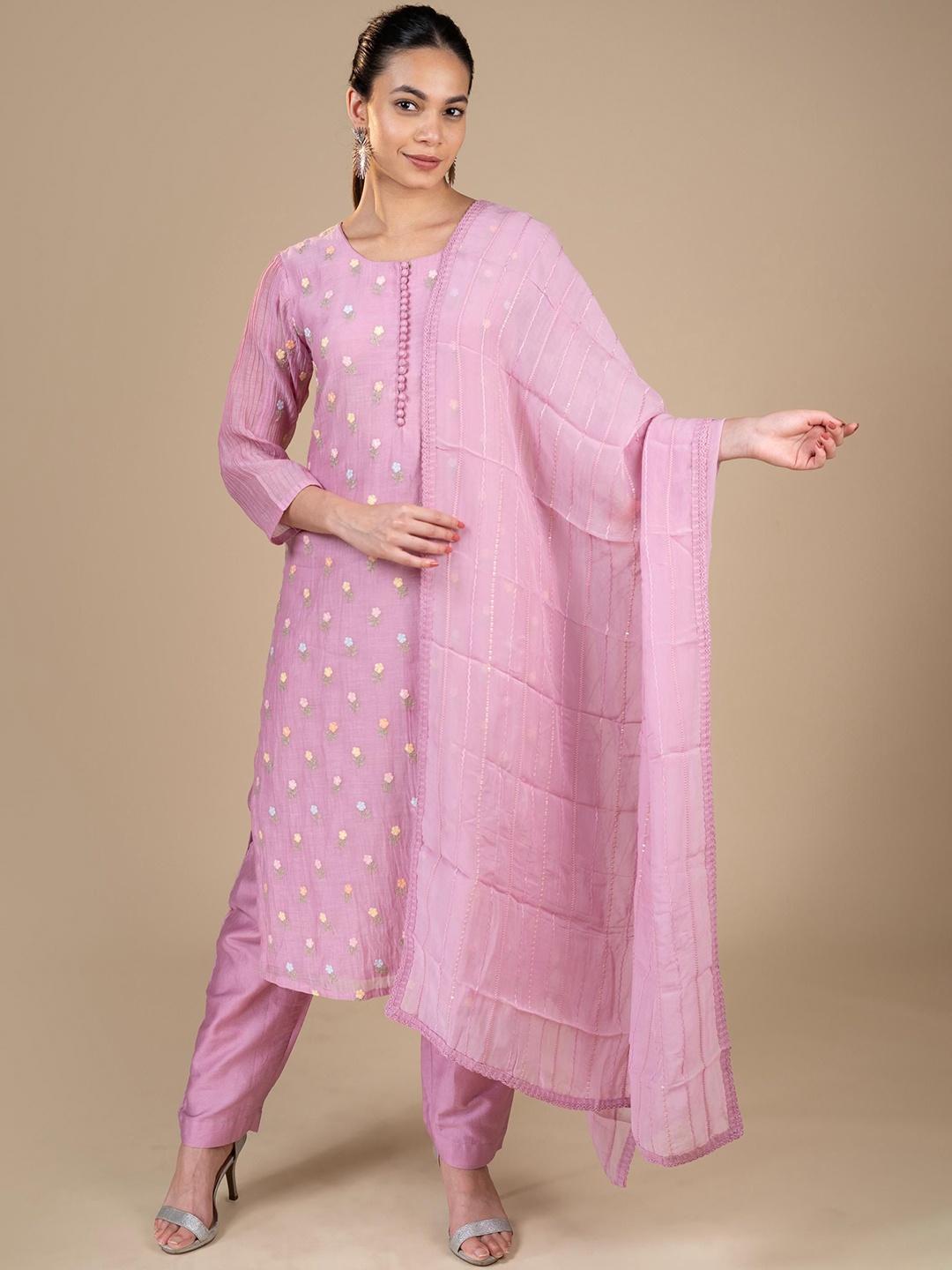 

House Of Dharaa Floral Embroidered Thread Work Straight Kurta With Trousers & Dupatta, Pink