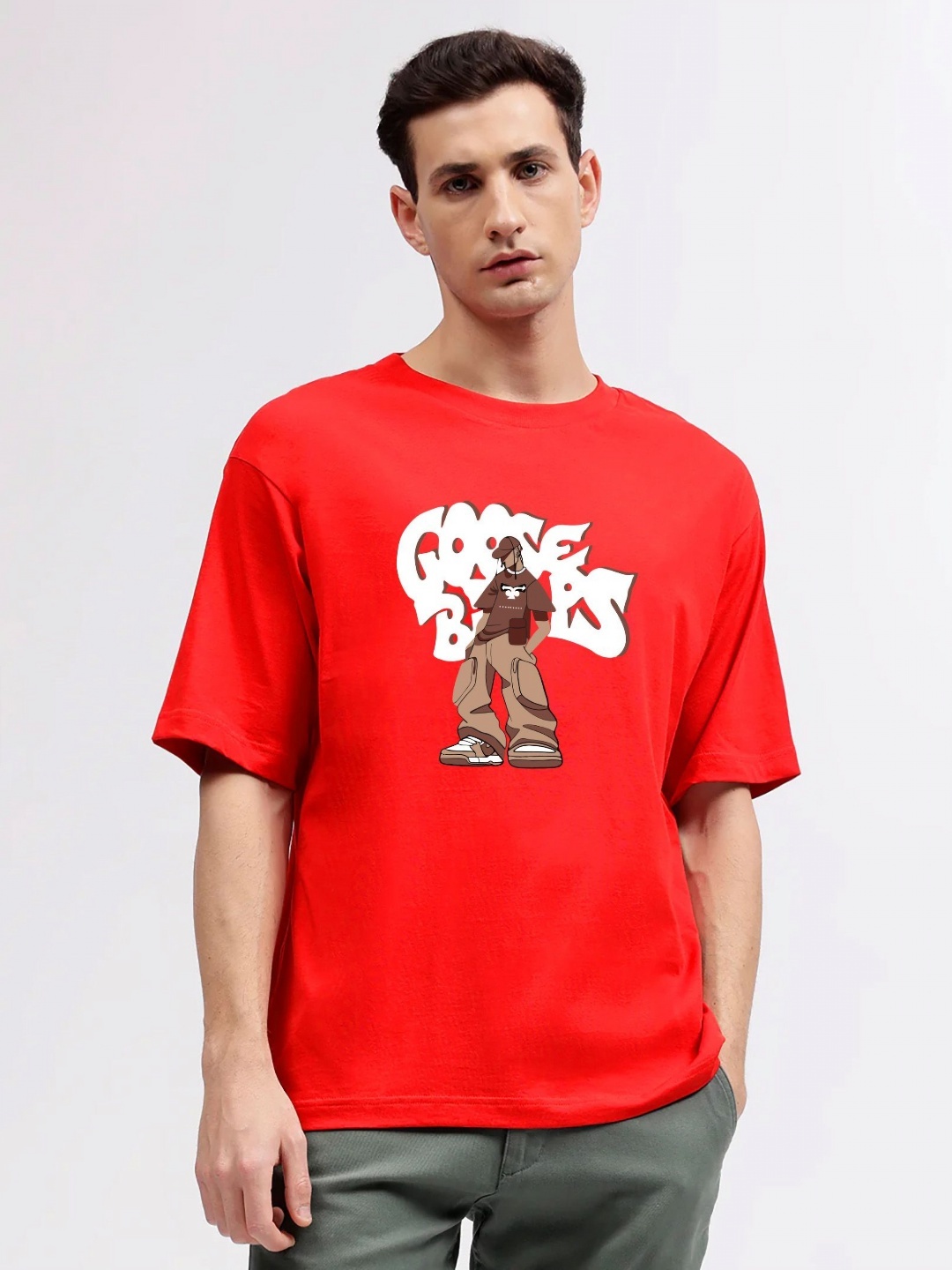 

MISCHIEF MONKEY Men Graphic Printed Round Neck Cotton Oversized T-Shirt, Red