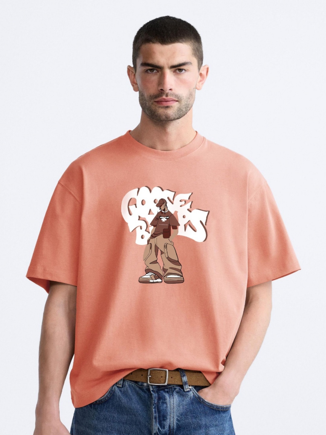 

MISCHIEF MONKEY Men Graphic Printed Round Neck Cotton Oversized T-Shirt, Peach