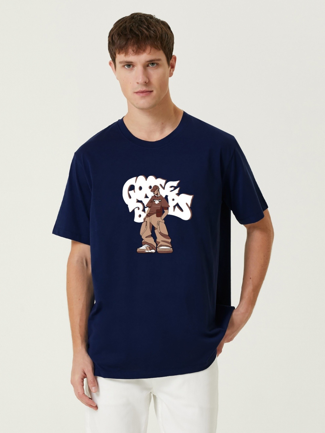 

MISCHIEF MONKEY Men Graphic Printed Round Neck Cotton Oversized T-Shirt, Navy blue