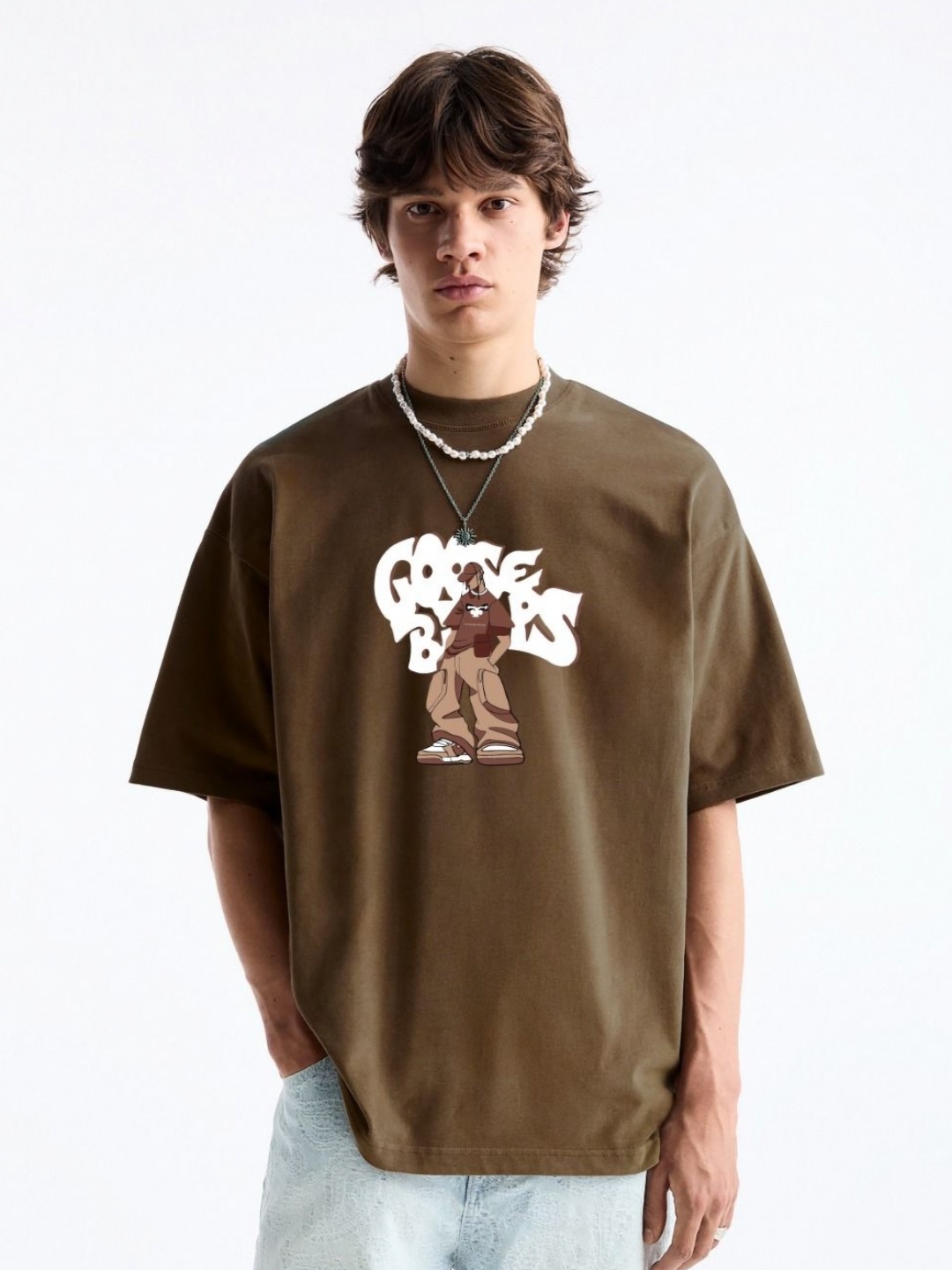 

MISCHIEF MONKEY Men Graphic Printed Round Neck Cotton Oversized T-Shirt, Khaki