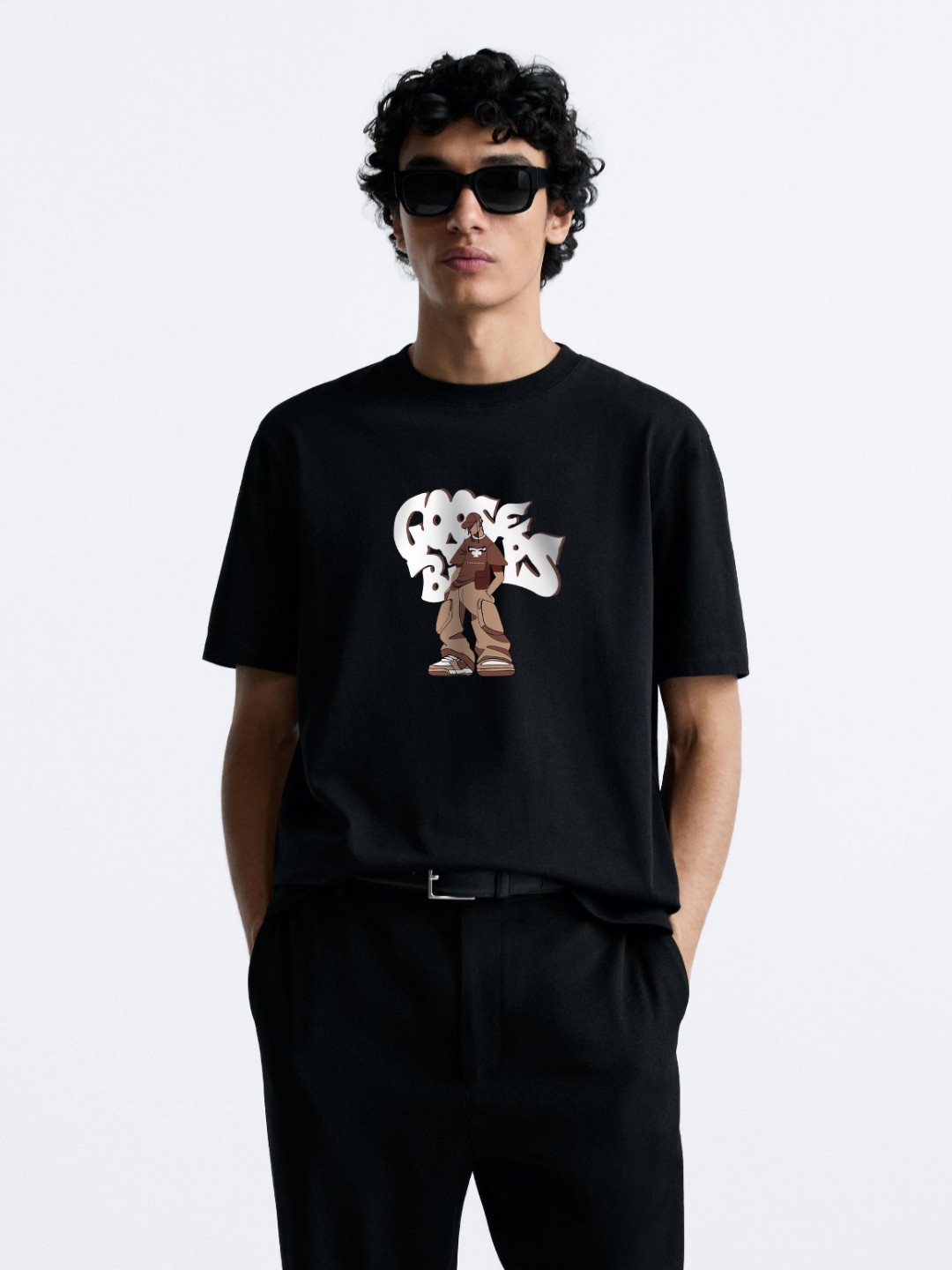 

MISCHIEF MONKEY Men Graphic Printed Round Neck Cotton Oversized T-Shirt, Black