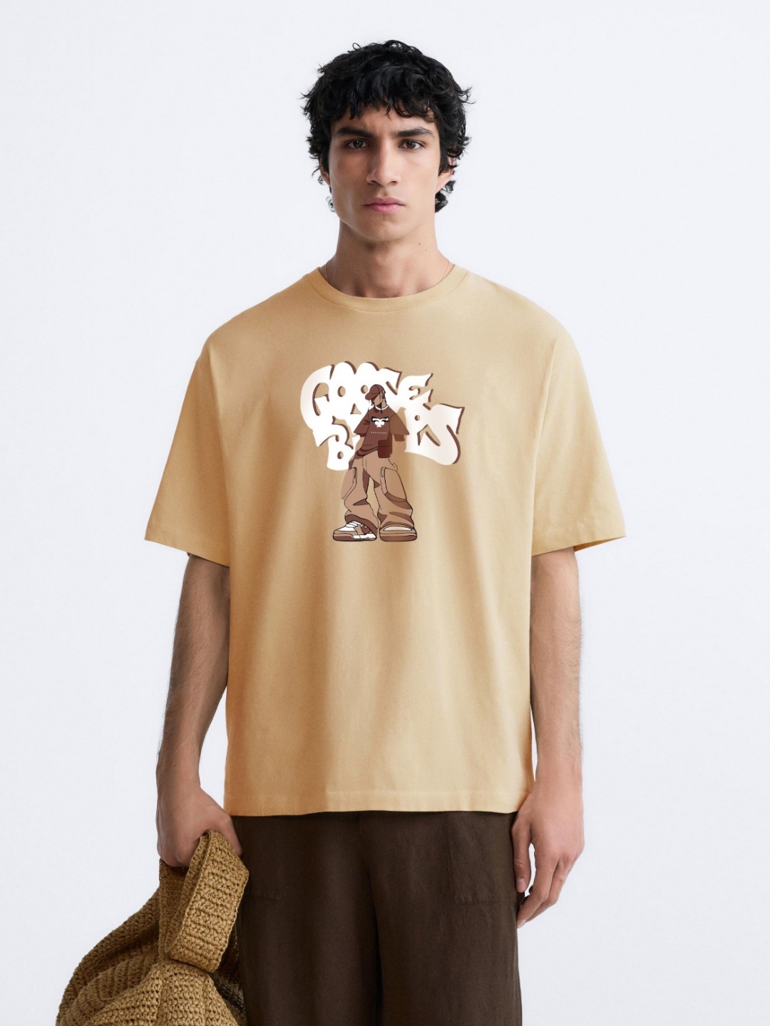 

MISCHIEF MONKEY Men Graphic Printed Round Neck Cotton Oversized T-Shirt, Beige