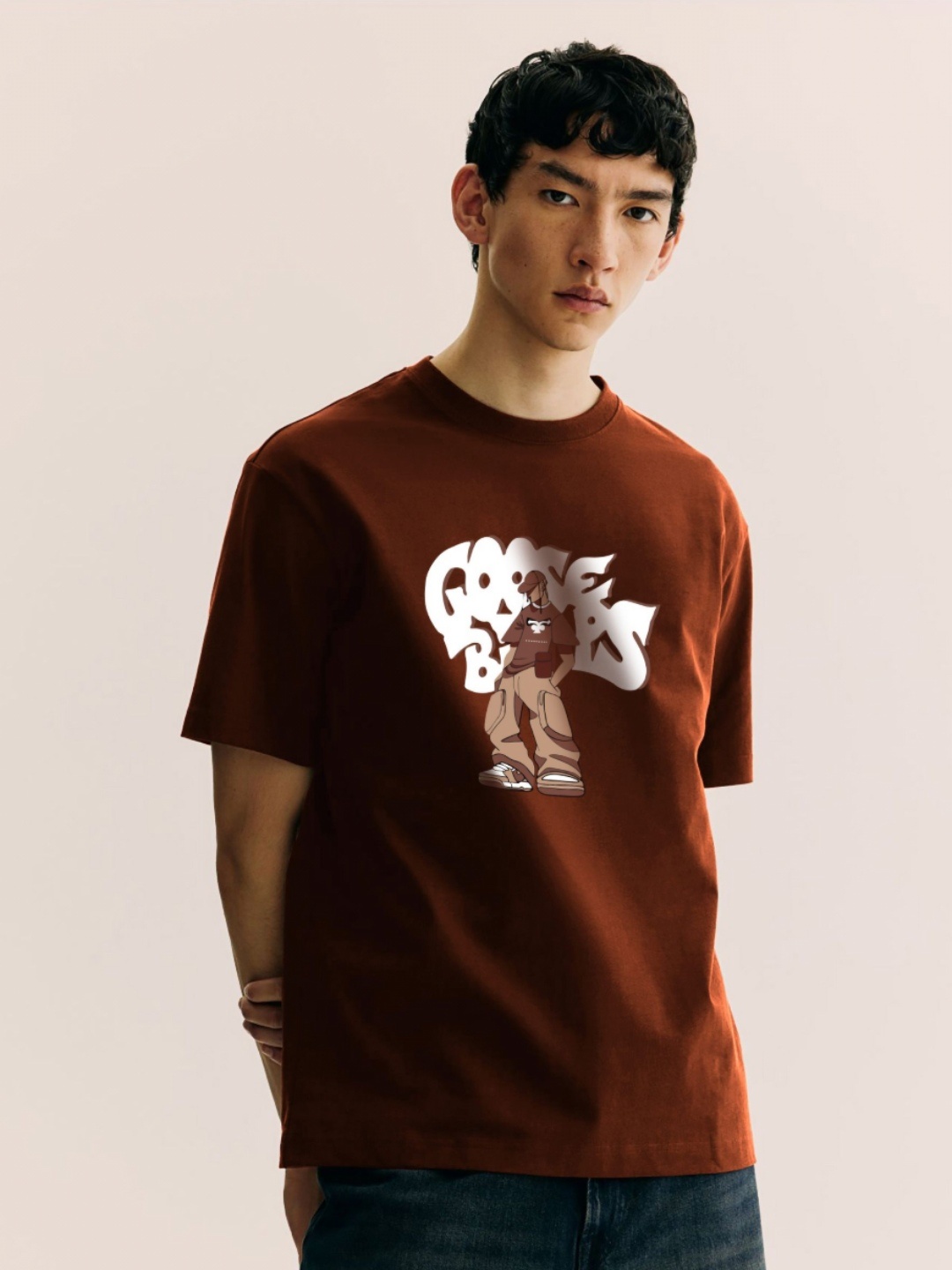 

MISCHIEF MONKEY Men Graphic Printed Round Neck Cotton Oversized T-Shirt, Brown