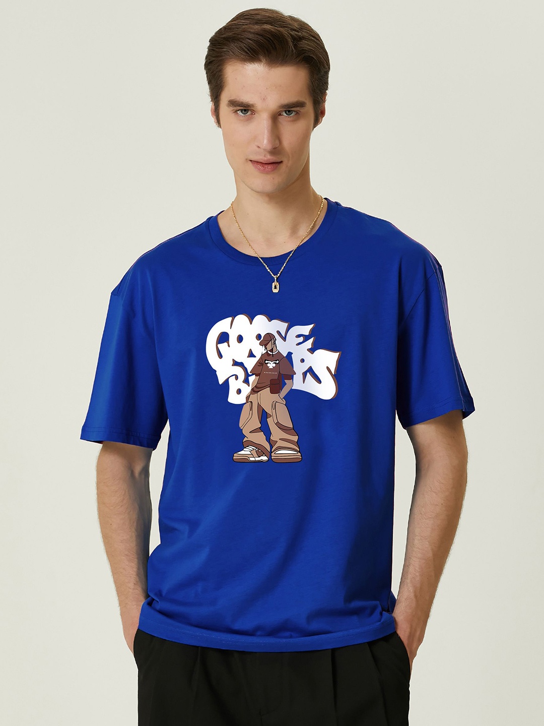 

MISCHIEF MONKEY Men Graphic Printed Round Neck Cotton Oversized T-Shirt, Blue