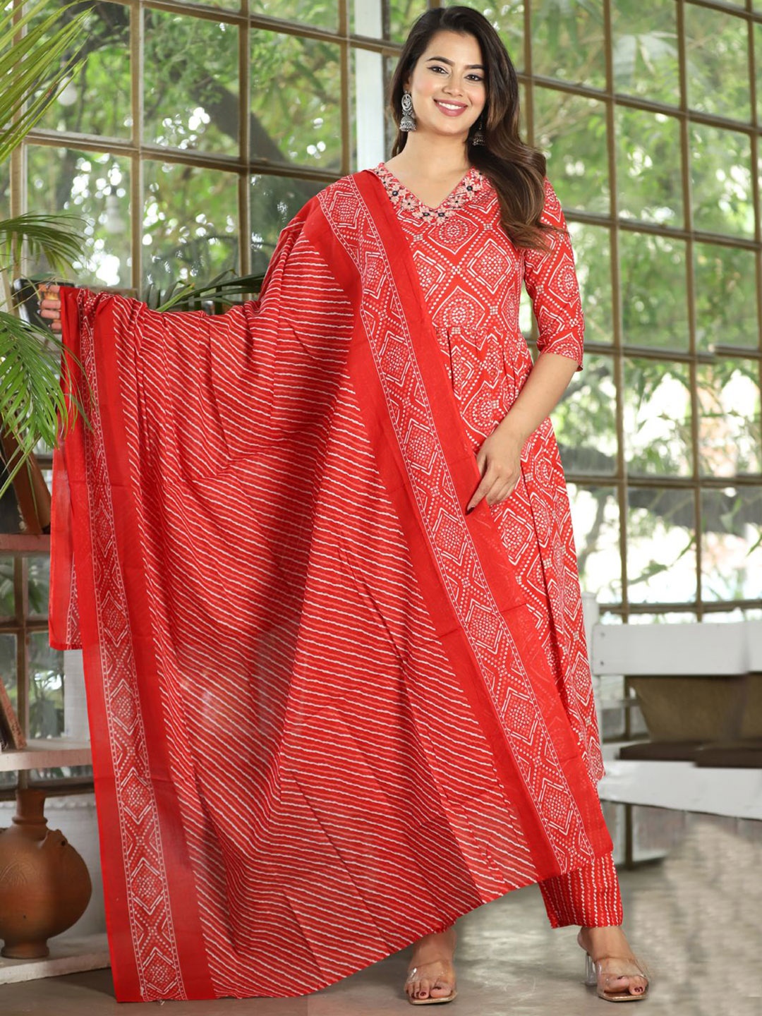 

Vaimiya Bandhani Printed Regular Mirror Work Kurta With Trousers & Dupatta, Red