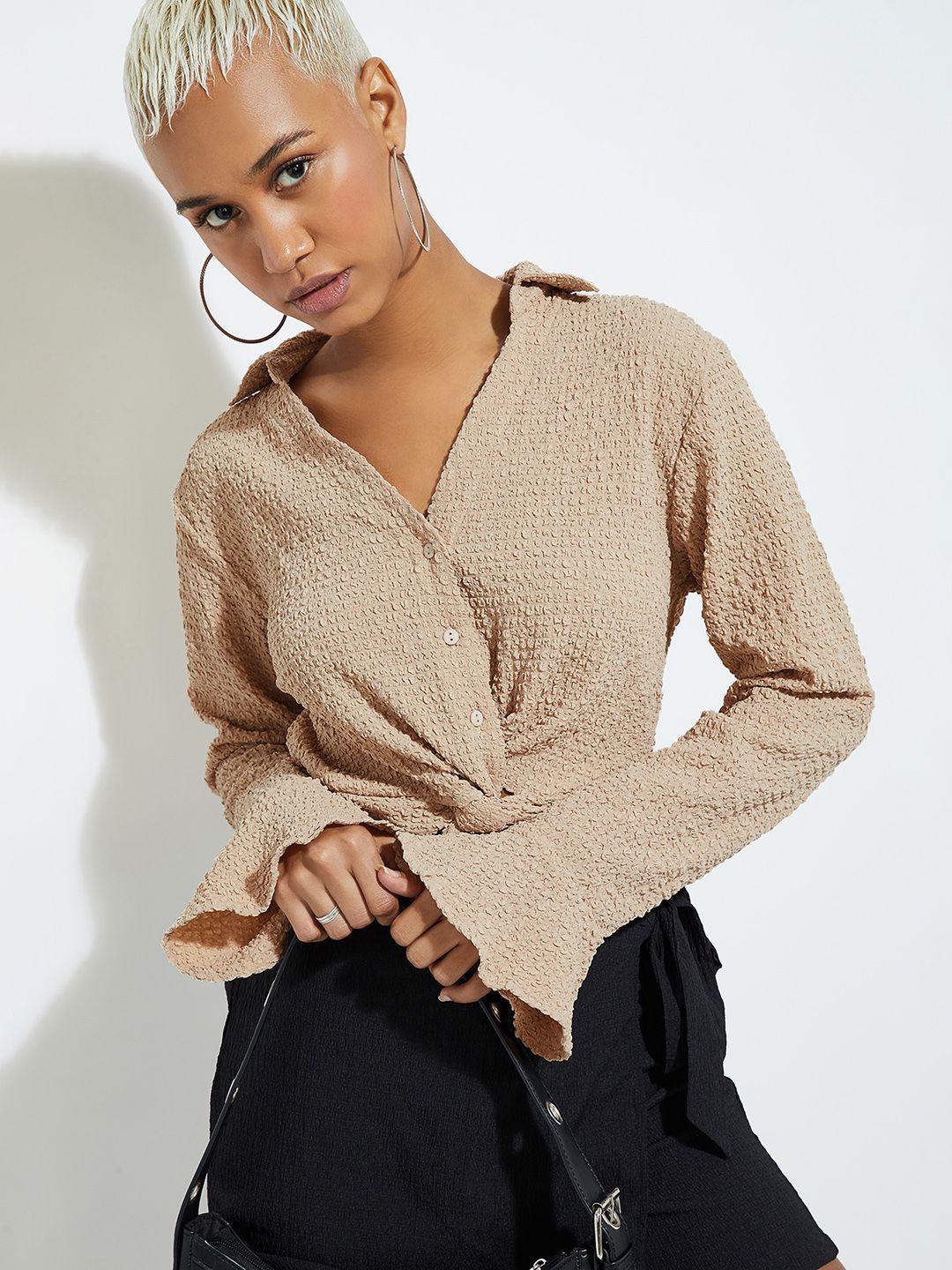 

max URB_N Women Textured Cropped Shirt, Beige