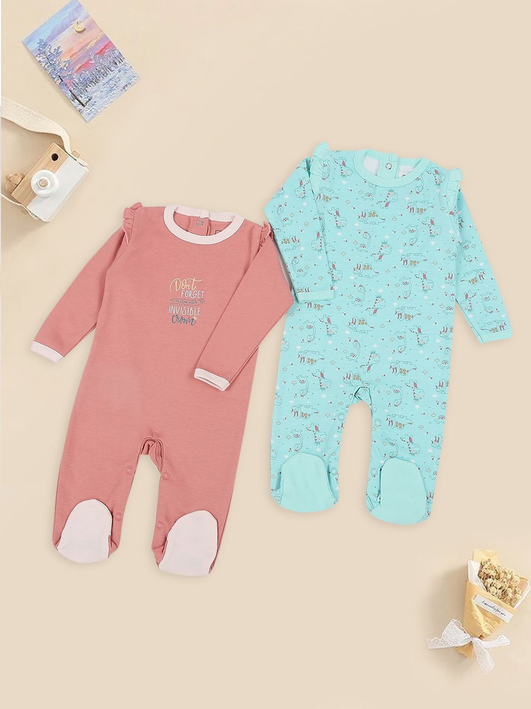 

MeeMee Pack Of 2 Infant Girls Printed Cotton Rompers, Rose