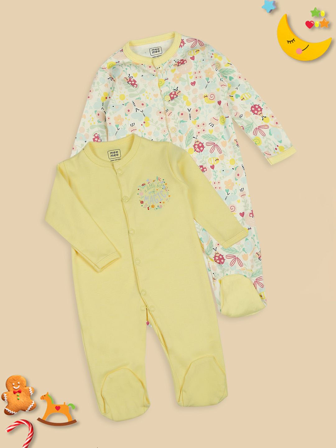 

MeeMee Infant Boys Pack Of 2 Printed Cotton Rompers, Yellow