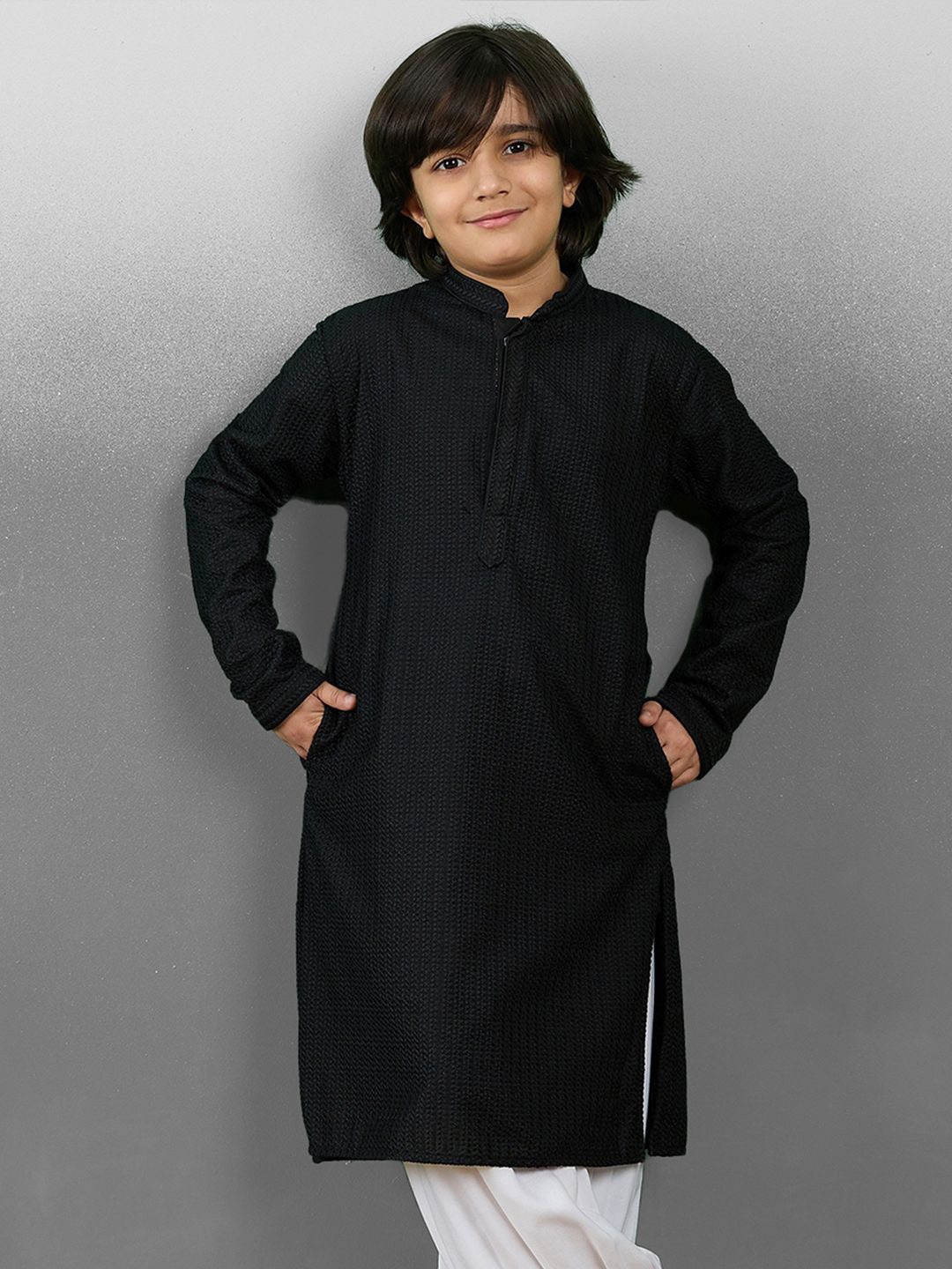 

YK Boys Striped Embroidered Chikankari Mandarin Collar Cotton Straight Kurta, Black