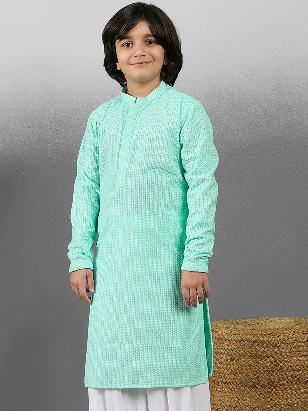 

YK Boys Striped Embroidered Chikankari Mandarin Collar Cotton Straight Kurta, Sea green