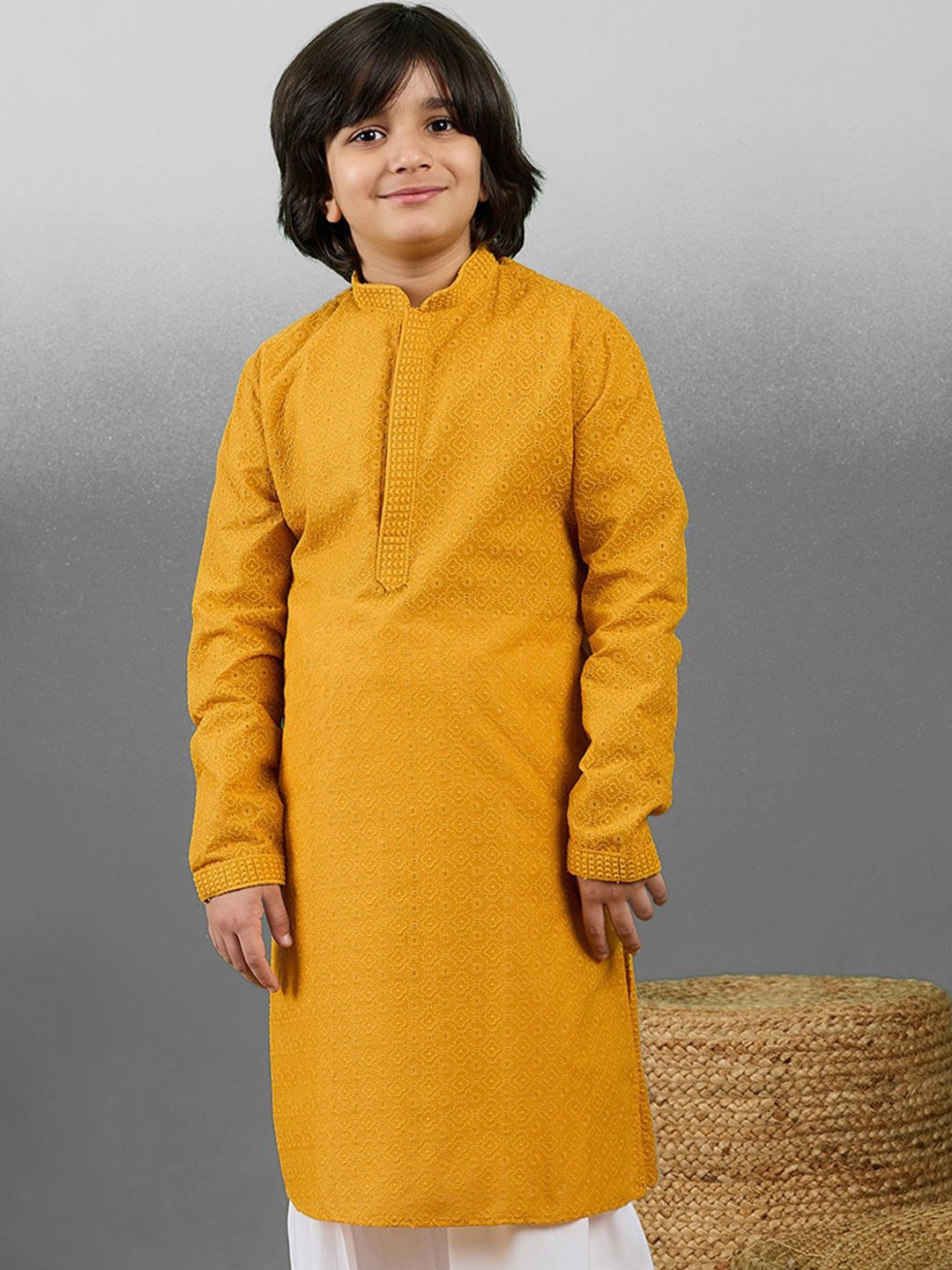 

YK Boys Floral Embroidered Thread Work Mandarin Collar Cotton Straight Kurta, Mustard