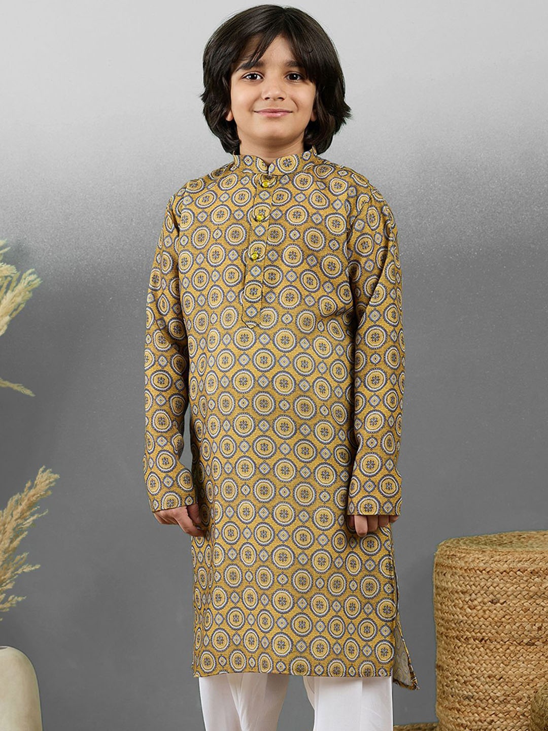 

YK Boys Ethnic Motifs Printed Mandarin Collar Cotton Straight Kurta, Mustard