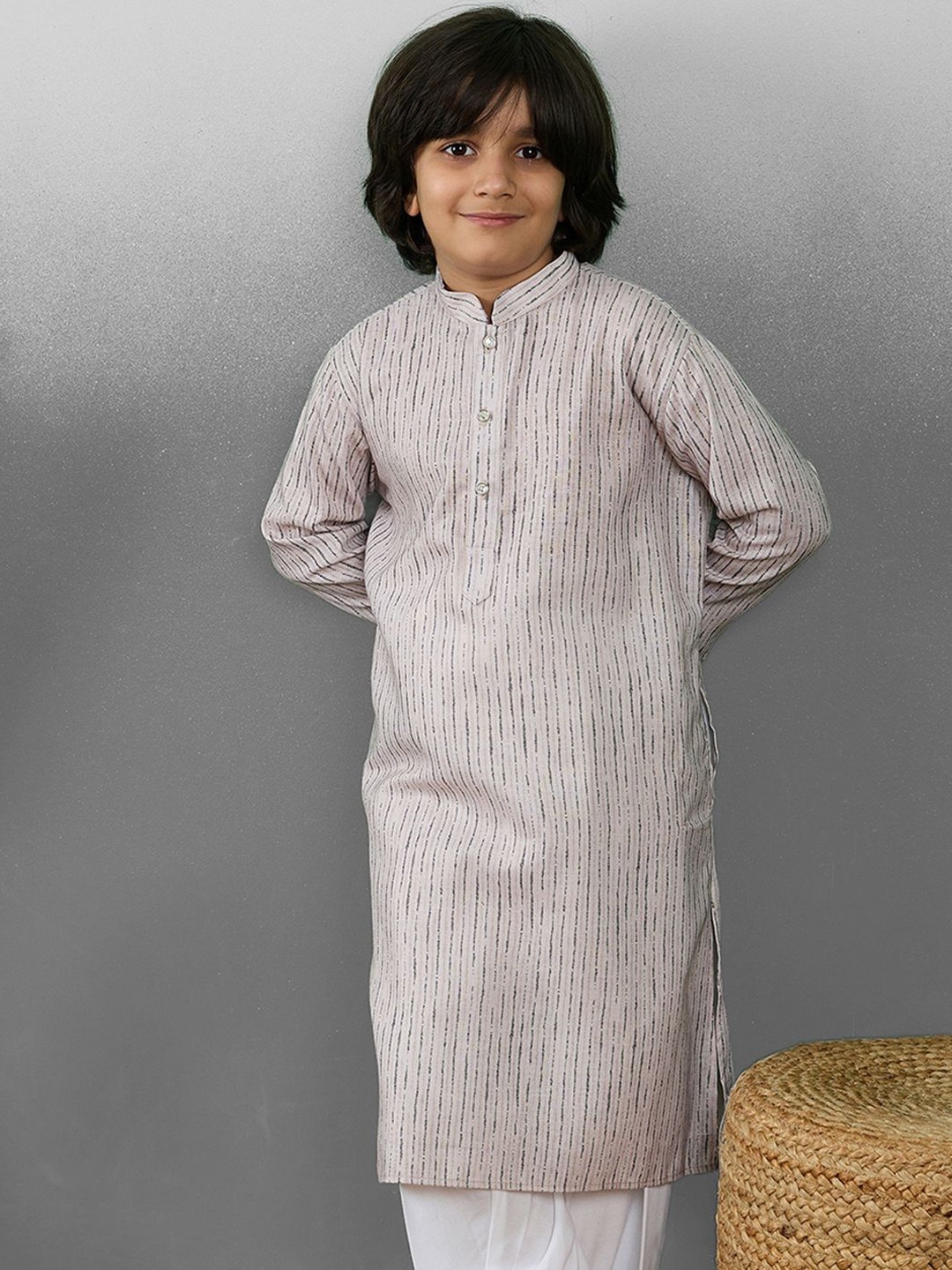 

YK Boys Striped Mandarin Collar Cotton Straight Kurta, Beige