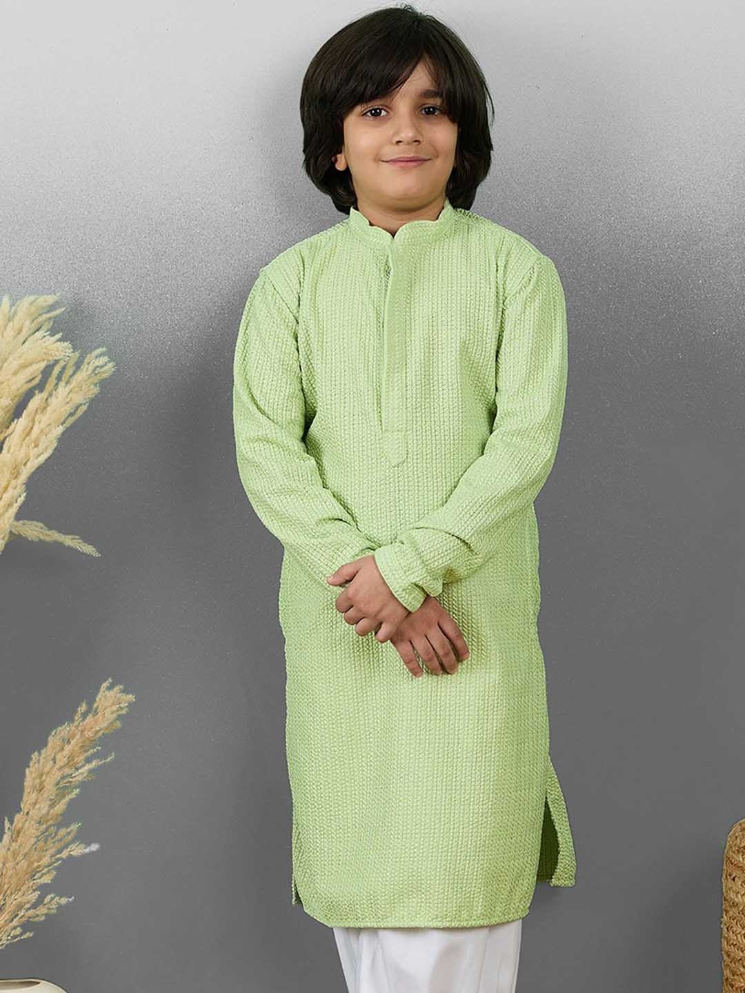 

YK Boys Striped Embroidered Chikankari Mandarin Collar Cotton Straight Kurta, Green