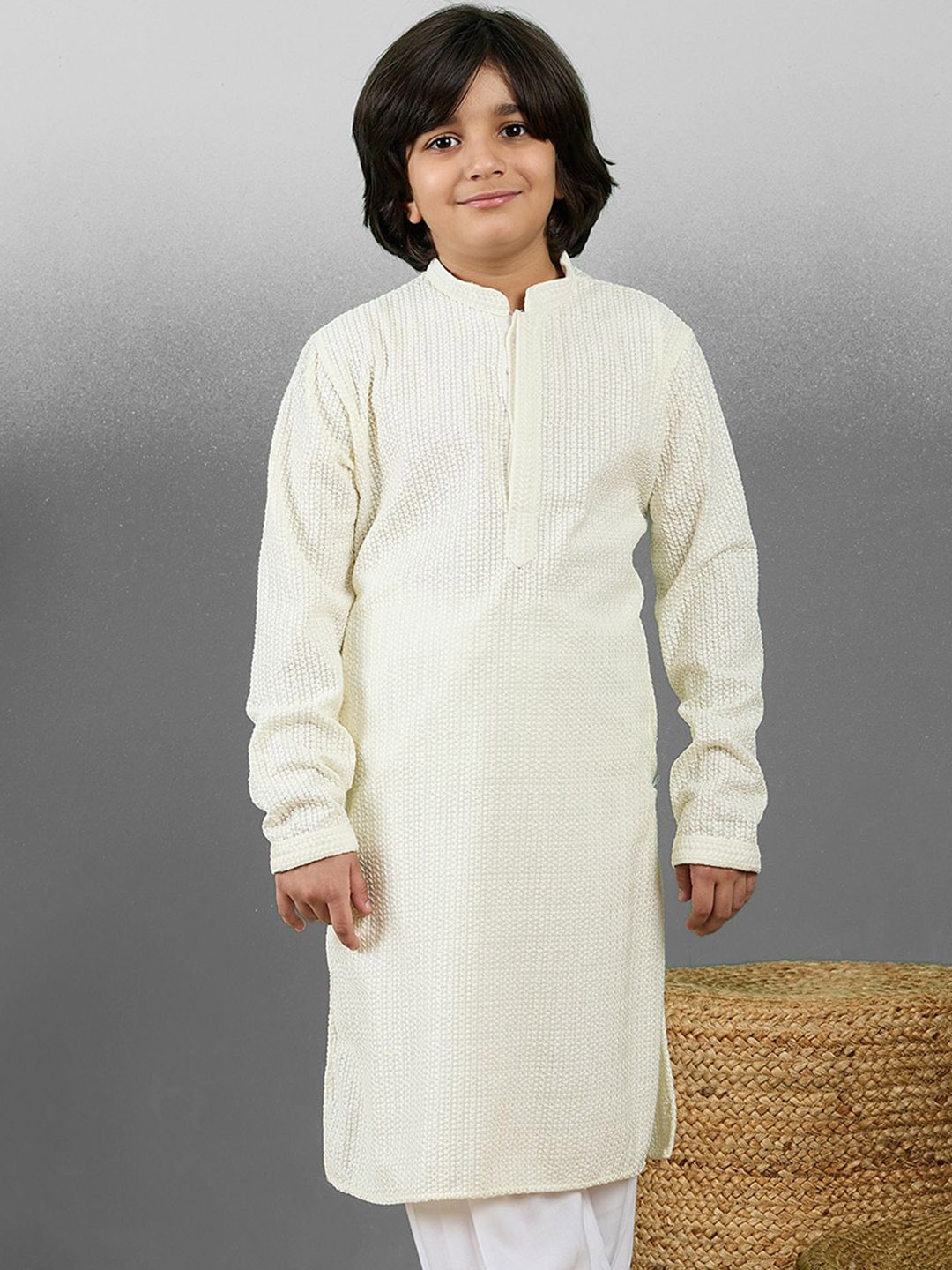 

YK Boys Striped Embroidered Chikankari Mandarin Collar Cotton Straight Kurta, White