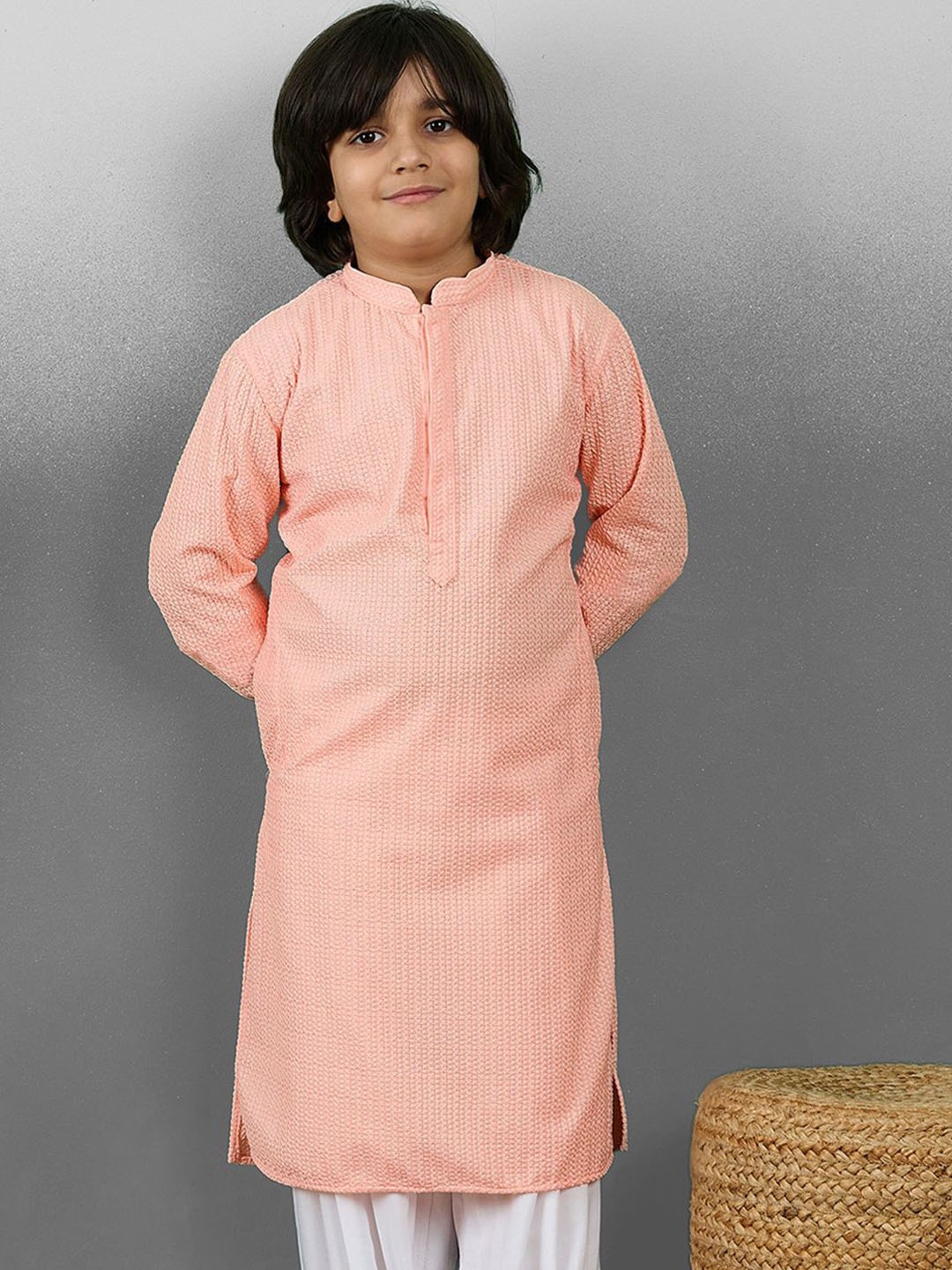 

YK Boys Striped Embroidered Chikankari Mandarin Collar Cotton Straight Kurta, Pink