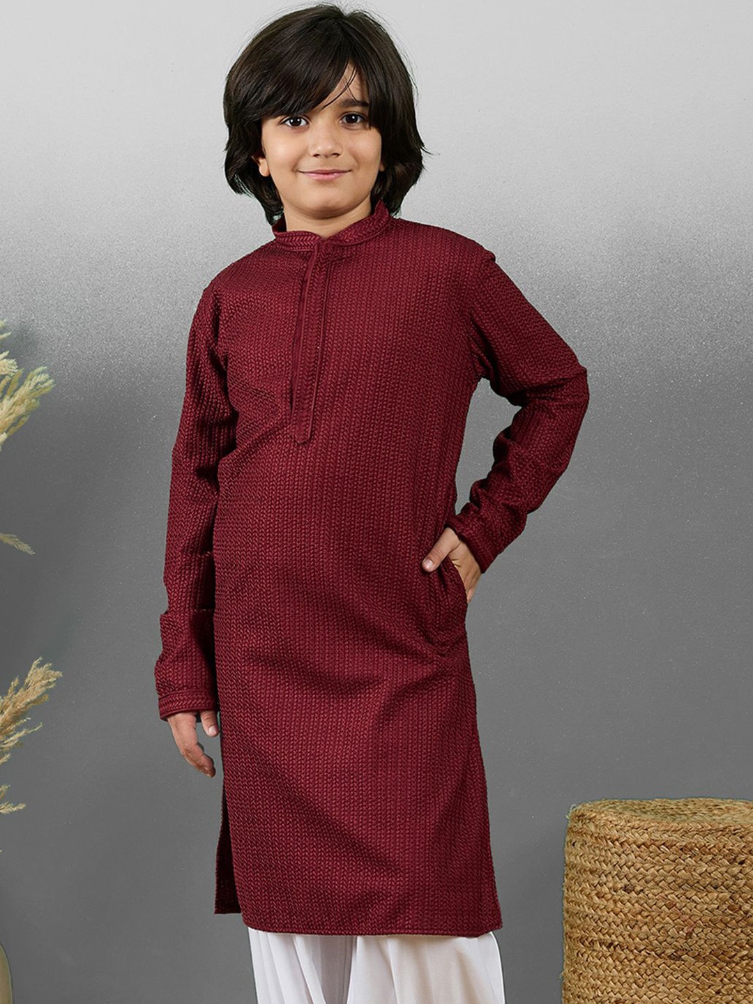 

YK Boys Striped Embroidered Chikankari Mandarin Collar Cotton Straight Kurta, Maroon