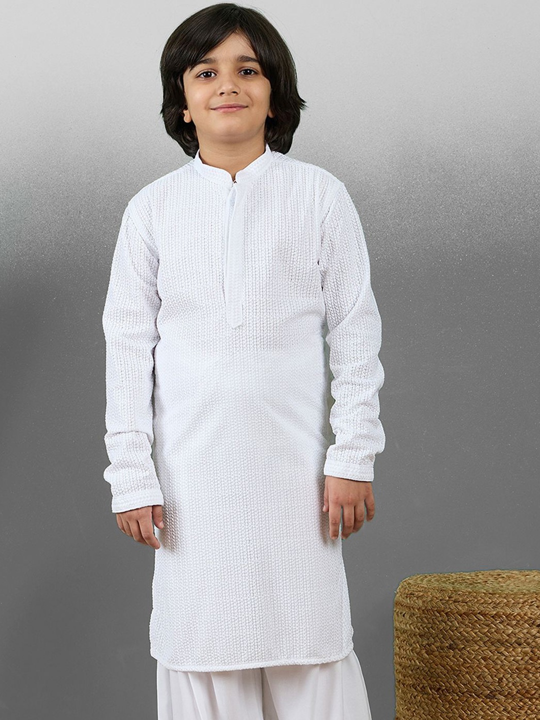 

YK Boys Striped Embroidered Chikankari Mandarin Collar Cotton Straight Kurta, White