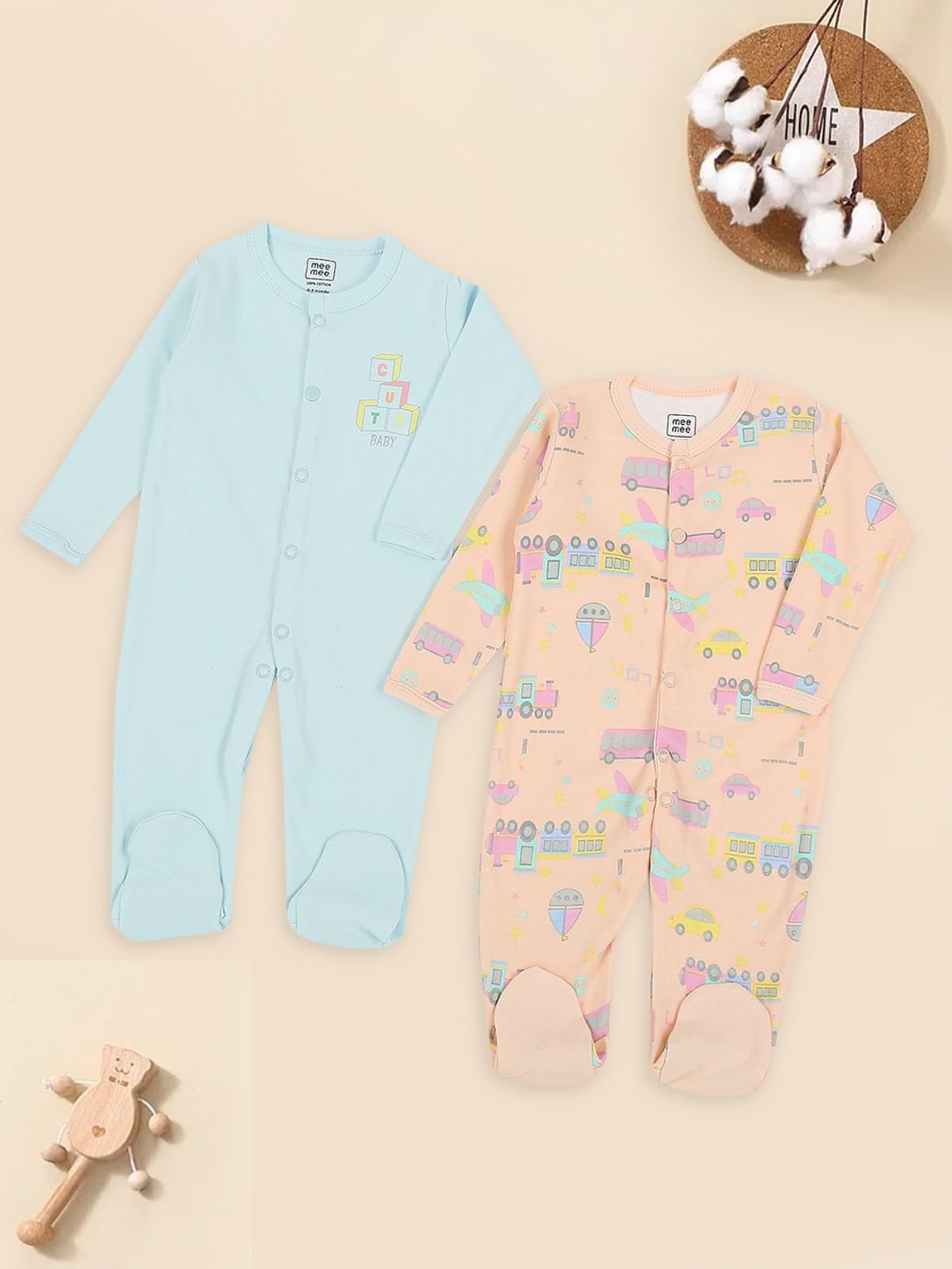 

MeeMee Pack Of 2 Infant Boys Printed Cotton Rompers, Blue