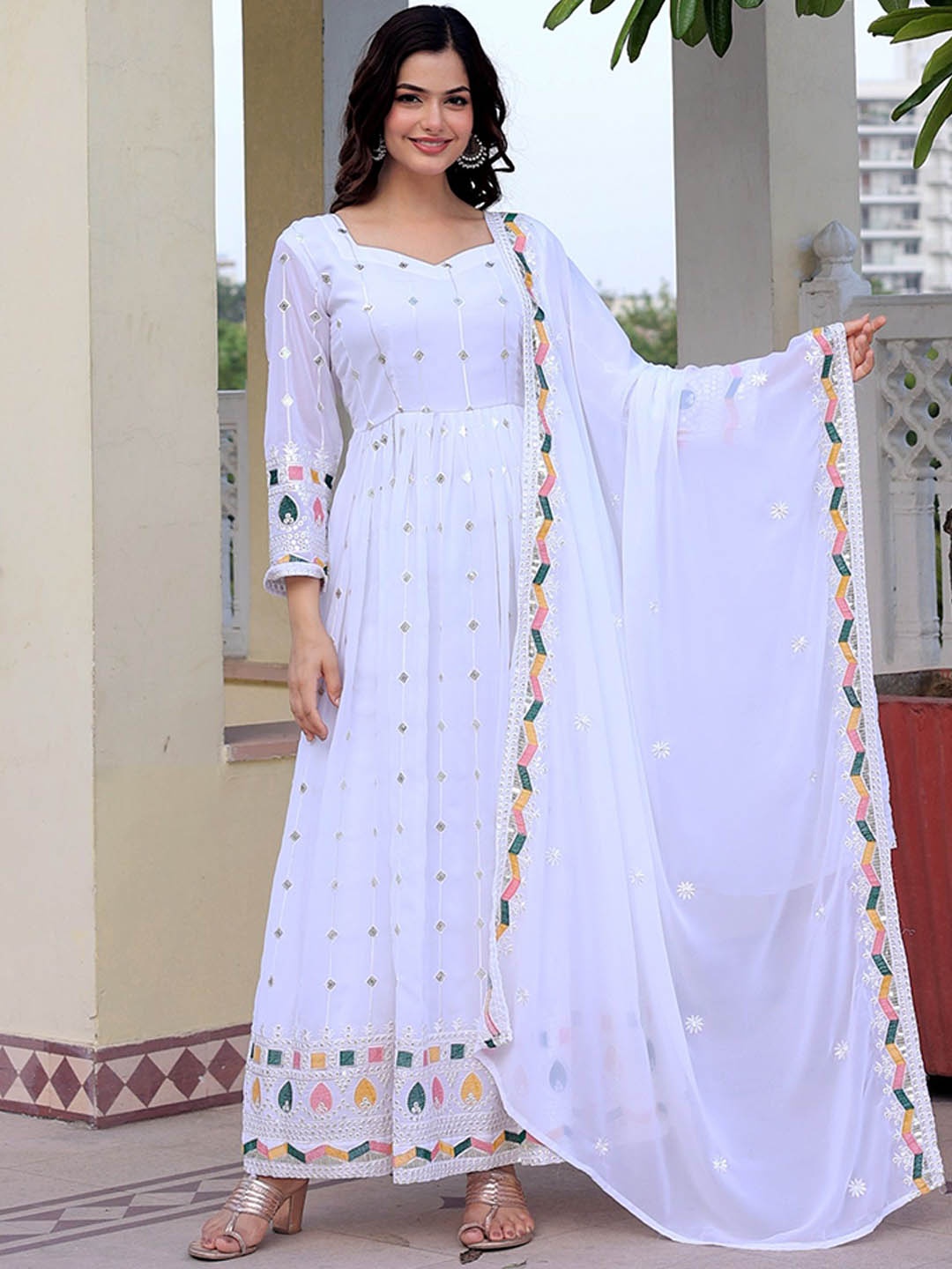 

Fashion Basket Anarkali Kurta With Trouser & Dupatta, White