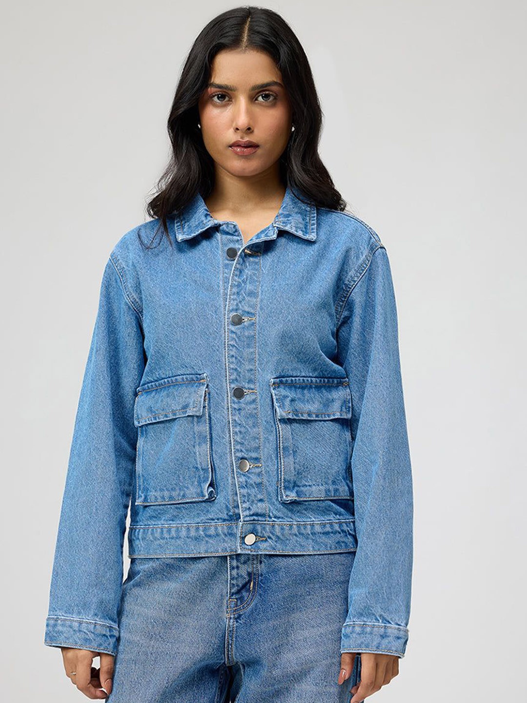 

FREAKINS Women Cotton Washed Regular Denim Jacket, Blue