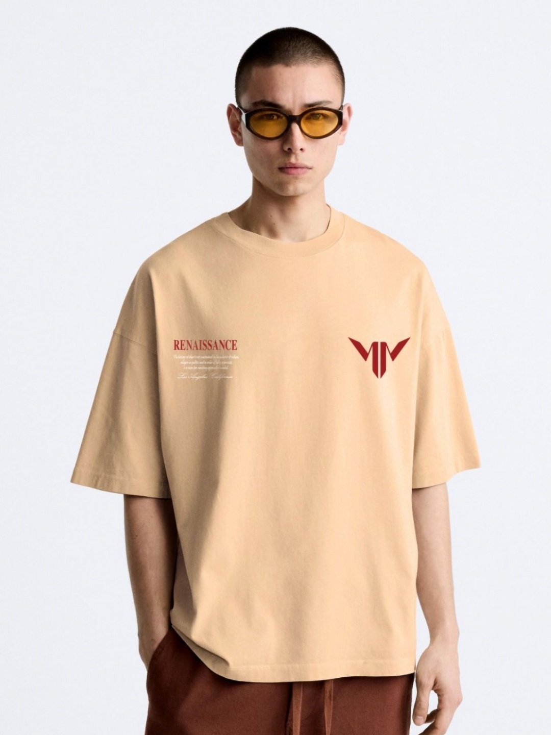 

MISCHIEF MONKEY Men Typography Printed Round Neck Cotton Oversized T-Shirt, Beige