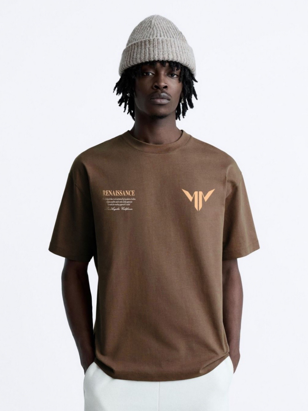 

MISCHIEF MONKEY Men Typography Printed Round Neck Cotton Oversized T-Shirt, Khaki