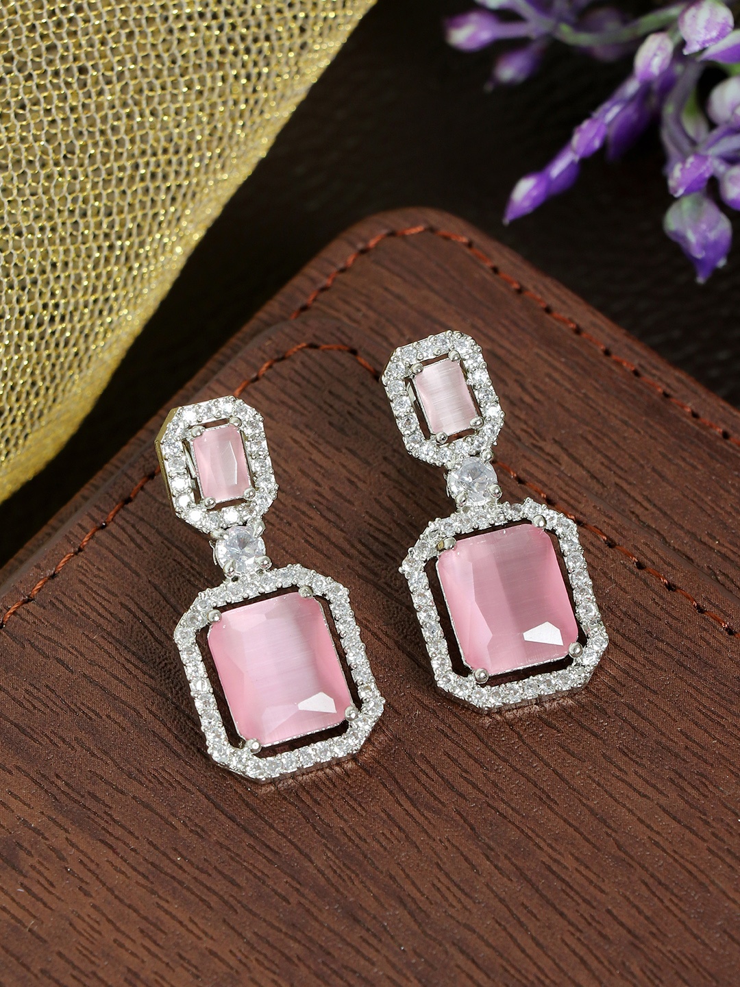 

Zoey Rhodium-Plated Contemporary Drop Earrings, Pink