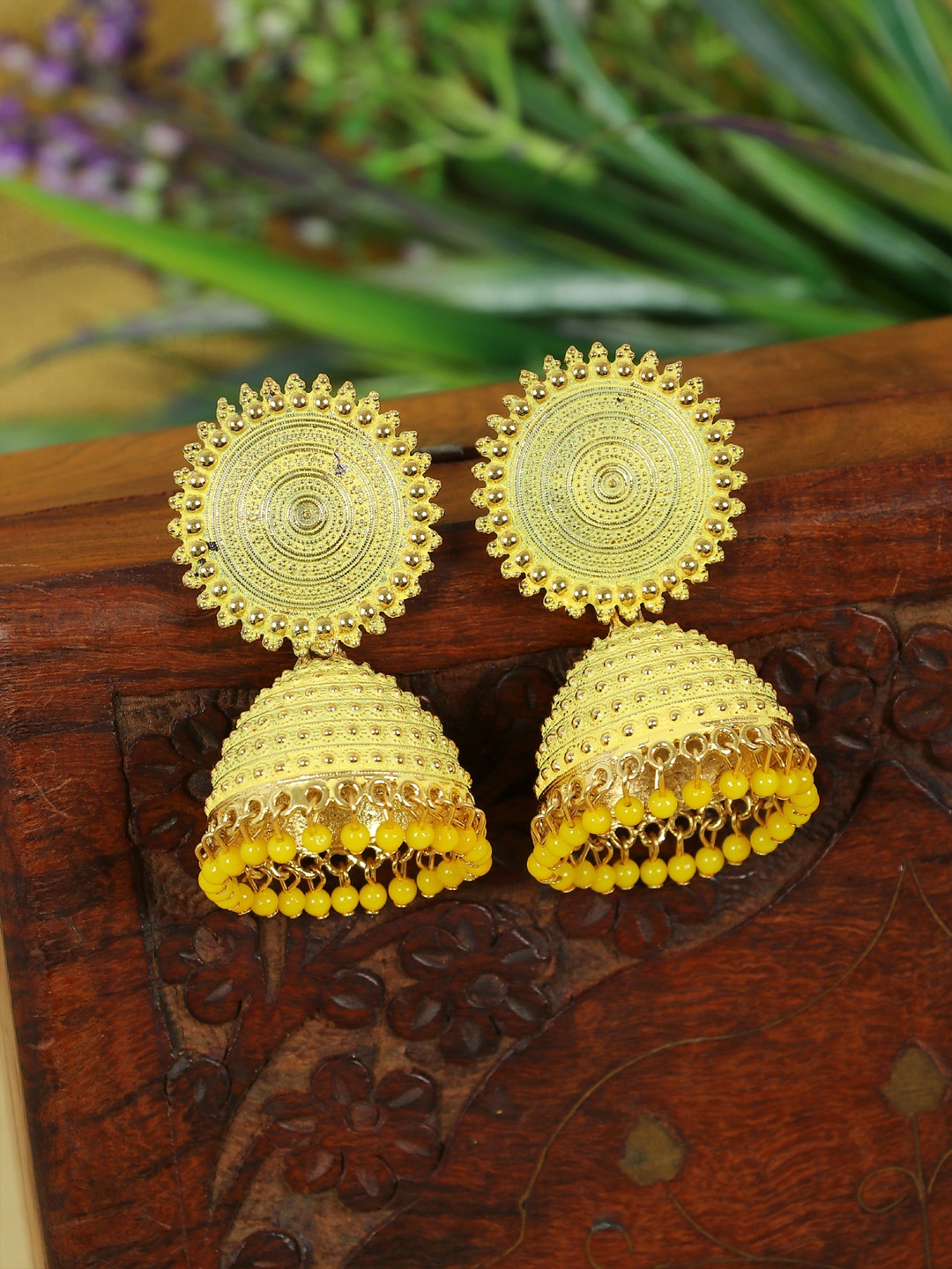 

Zoey Gold Plated Artificial Beads Dome Shaped Jhumkas