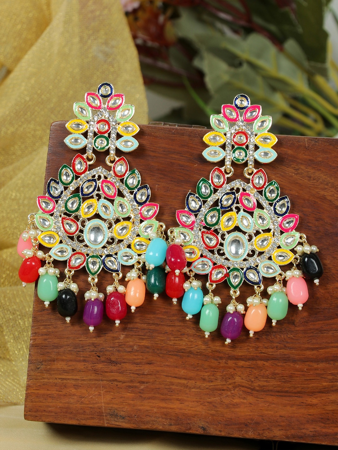 

Zoey Gold-Plated Meenakari Contemporary Drop Earrings