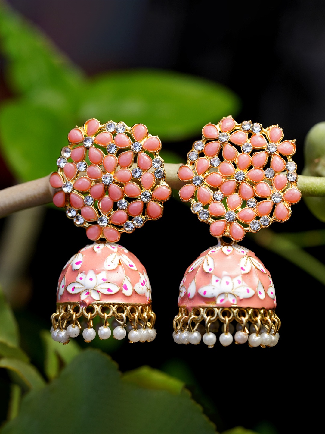 

Zoey Gold-Plated Meenakari Contemporary Jhumkas, Peach