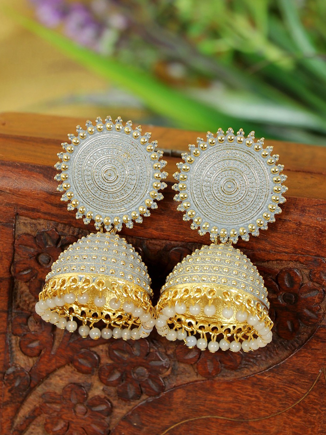 

Zoey Gold Plated Beaded Dome Shaped Jhumkas, Grey