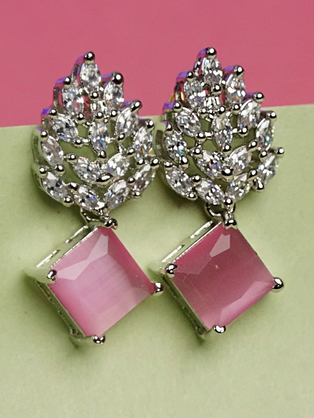 

Zoey Rhodium-Plated AD Stone Studded Contemporary Drop Earrings, Silver