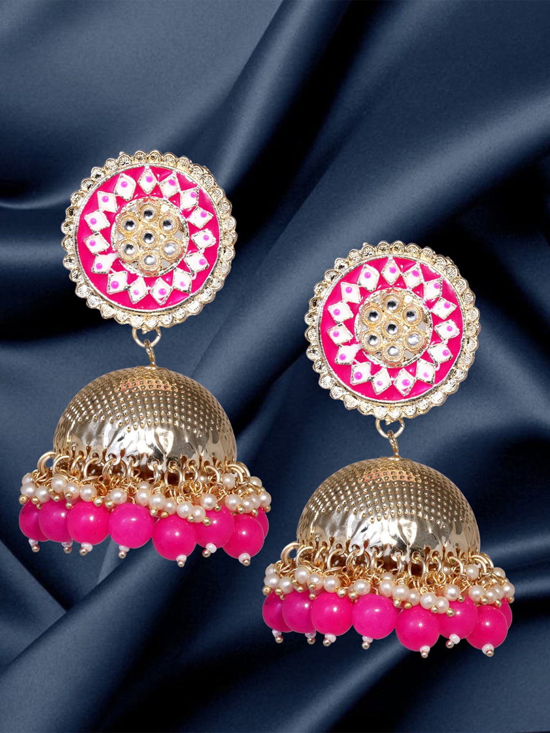 

Zoey Gold-Plated Kundan-Studded & Beaded Dome Shaped Jhumkas