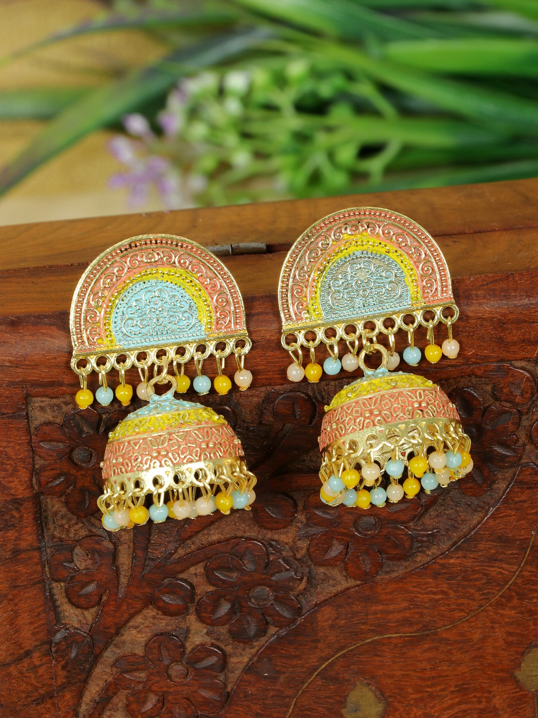 

Zoey Gold Plated Artificial Beads Dome Shape Jhumkas