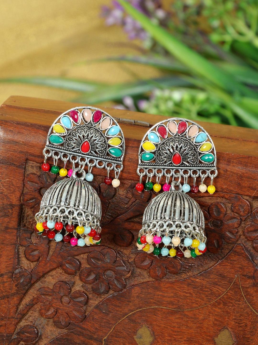 

Zoey Silver Plated Stone Studded & Beaded Dome Shaped Jhumkas