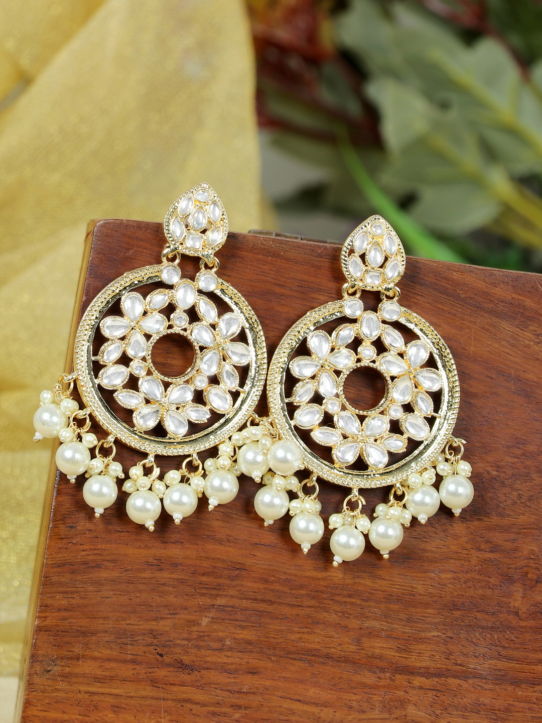 

Zoey Gold-Plated Kundan Studded & Beaded Contemporary Chandbalis