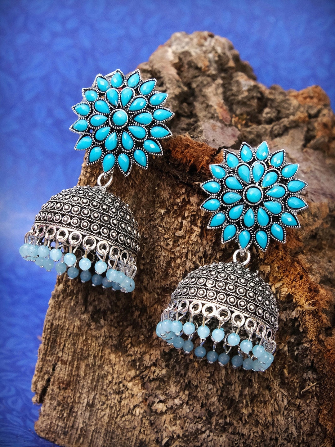 

Zoey German Silver Stone Studded & Beaded Dome Shaped Jhumkas