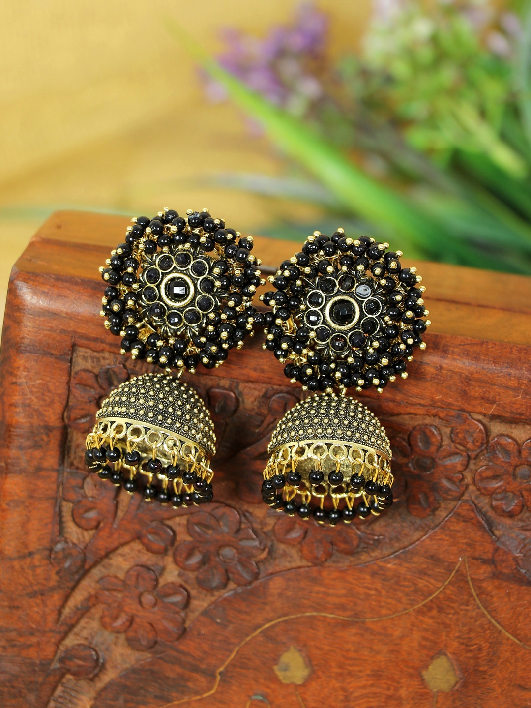 

Zoey Gold Plated Artificial Beads Dome Shaped Jhumkas