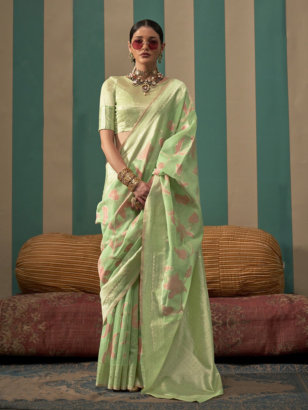 elora Ethnic Motifs Woven Designed Zari Saree, Green